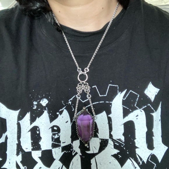 Natural big purple amethyst crystal gemstone boho goth maille steel necklace - Picture 12 of 16